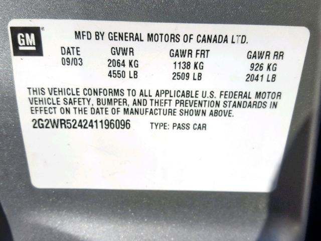 2G2WR524241196096 - 2004 PONTIAC GRAND PRIX 银色 照片 10