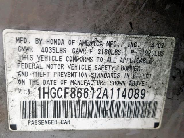 1HGCF86612A114089 - 2002 HONDA ACCORD VAL SILVER photo 10