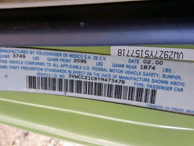 3VWCC21C6YM473478 - 2000 VOLKSWAGEN NEW BEETLE Yaşıl foto 10