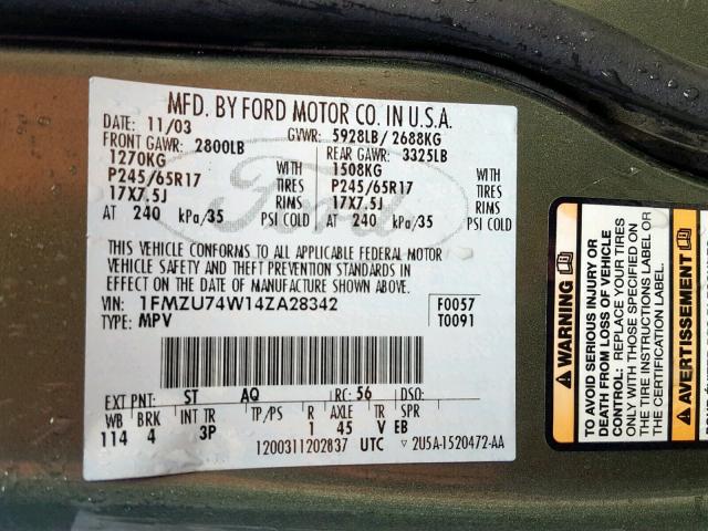 1FMZU74W14ZA28342 - 2004 FORD EXPLORER E GREEN photo 10