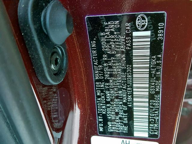 4T1BK1EB1JU285302 - 2018 TOYOTA AVALON XLE BURGUNDY photo 10