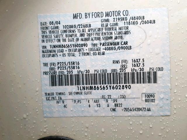 1LNHM86S65Y602890 - 2005 LINCOLN LS WHITE photo 10