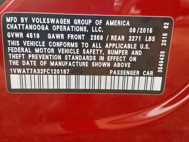 1VWAT7A32FC120187 - 2015 VOLKSWAGEN PASSAT S RED photo 10