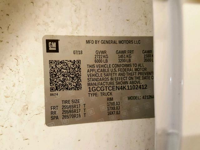 1GCGTCEN4K1102412 - 2019 CHEVROLET COLORADO L WHITE photo 10