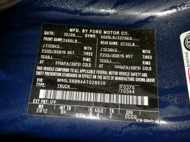 NM0LS6BN4AT028920 - 2010 FORD TRANSIT CO BLUE photo 10