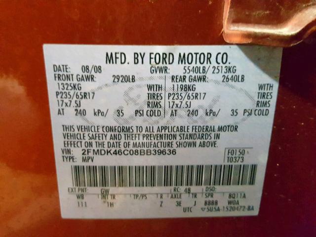 2FMDK46C08BB39636 - 2008 FORD EDGE SE ORANGE photo 10