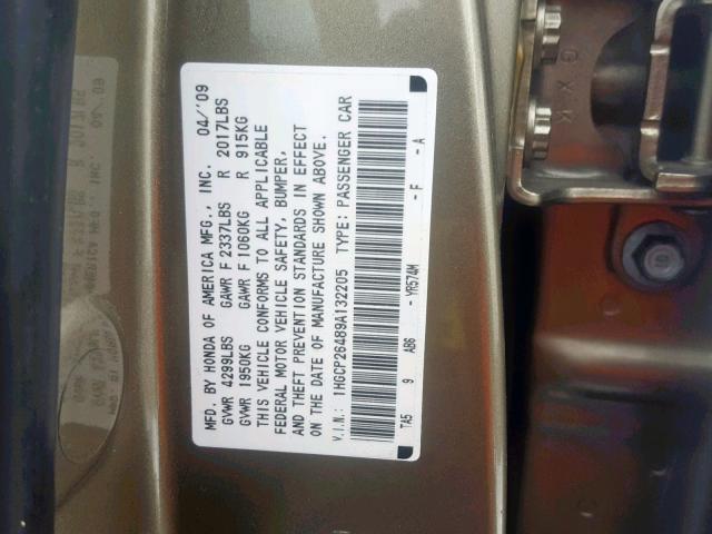 1HGCP26489A132205 - 2009 HONDA ACCORD LXP GOLD photo 10