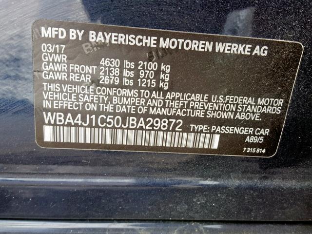 WBA4J1C50JBA29872 - 2018 BMW 430I GRAN BLACK photo 10