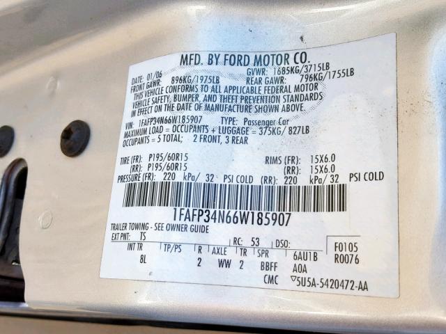 1FAFP34N66W185907 - 2006 FORD FOCUS ZX4 SILVER photo 10