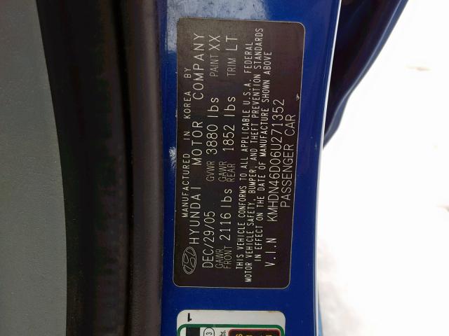 KMHDN46D06U271352 - 2006 HYUNDAI ELANTRA GL BLUE photo 10