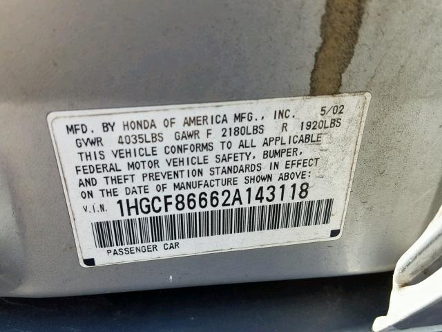 1HGCF86662A143118 - 2002 HONDA ACCORD VAL SILVER photo 10