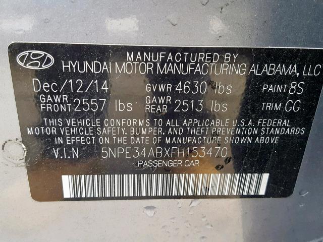 5NPE34ABXFH153470 - 2015 HYUNDAI SONATA SPO GRAY photo 10