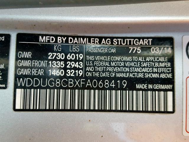 WDDUG8CBXFA068419 - 2015 MERCEDES-BENZ S 550 SILVER photo 10