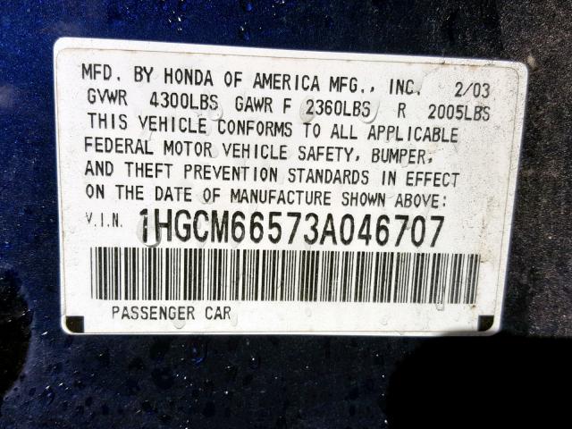 1HGCM66573A046707 - 2003 HONDA ACCORD EX BLUE photo 10