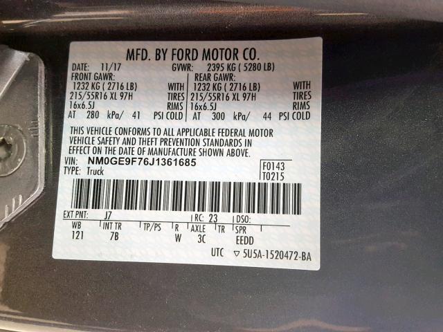 NM0GE9F76J1361685 - 2018 FORD TRANSIT CO GRAY photo 10