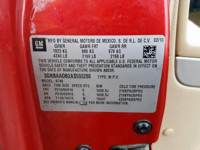 3GNBAADB2AS593286 - 2010 CHEVROLET HHR LS Rojo foto 10