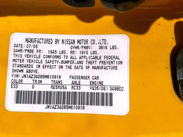 JN1AZ34D85M610918 - 2005 NISSAN 350Z COUPE YELLOW photo 10