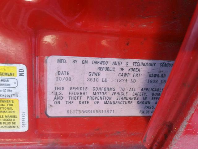 KL1TD56E49B611871 - 2009 CHEVROLET AVEO LS RED photo 10