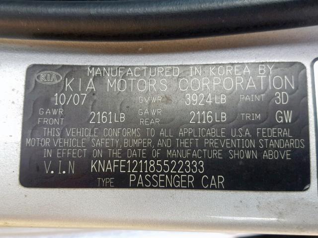 KNAFE121185522333 - 2008 KIA SPECTRA EX SILVER photo 10