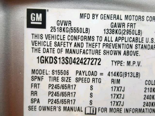 1GKDS13S042427272 - 2004 GMC ENVOY SILVER photo 10