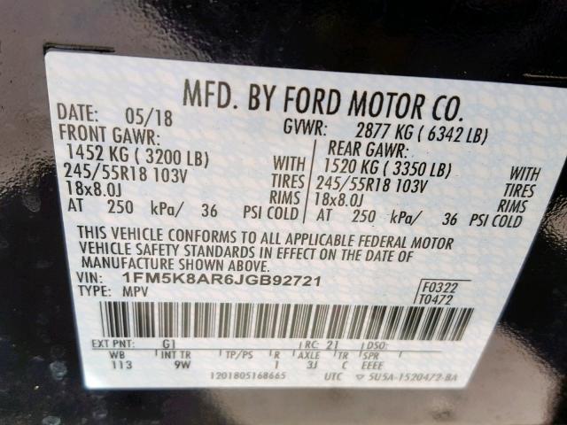 1FM5K8AR6JGB92721 - 2018 FORD EXPLORER P TWO TONE photo 10