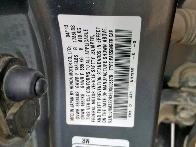 JHMZE2H39DS005676 - 2013 HONDA INSIGHT BLACK photo 10