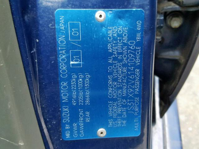 JS3TX92V614109760 - 2001 SUZUKI GRAND VITA BLUE photo 10