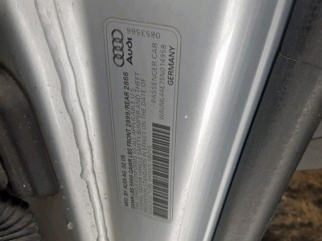 WAUML44E75N014958 - 2005 AUDI A8 L QUATT SILVER photo 10