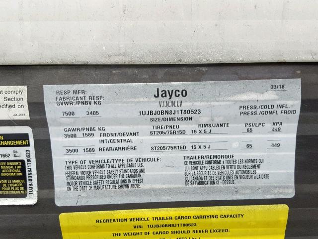 1UJBJ0BN8J1T80523 - 2018 JAYCO JAYFLIGHT  WHITE photo 10