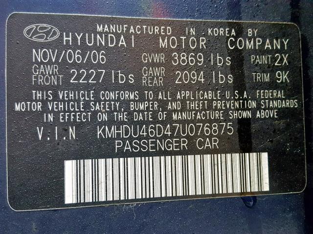 KMHDU46D47U076875 - 2007 HYUNDAI ELANTRA GL BLUE photo 10