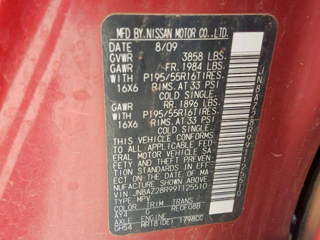 JN8AZ28R99T125510 - 2009 NISSAN CUBE BASE RED photo 10