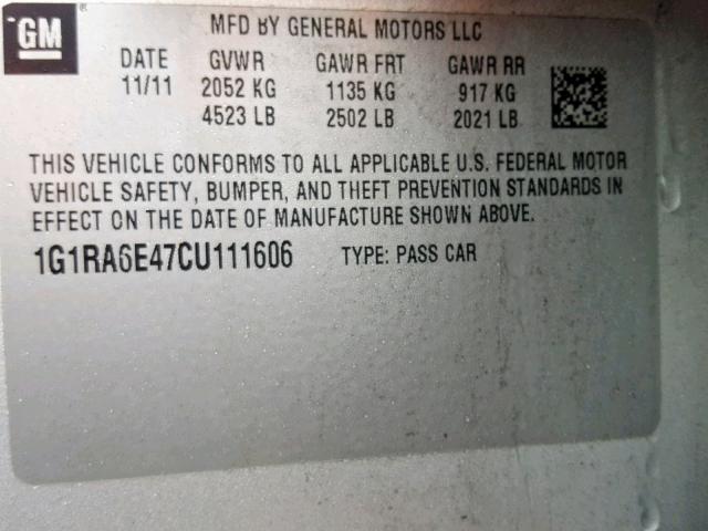 1G1RA6E47CU111606 - 2012 CHEVROLET VOLT SILVER photo 10