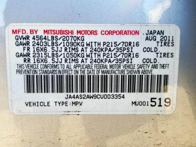 JA4AS2AW9CU003354 - 2012 MITSUBISHI OUTLANDER SILVER photo 10