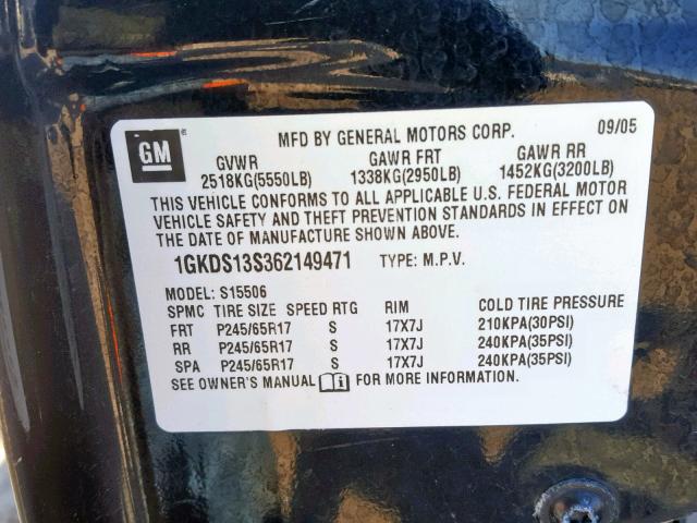 1GKDS13S362149471 - 2006 GMC ENVOY BLACK photo 10