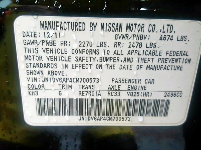 JN1DV6AP4CM700573 - 2012 INFINITI G25 BASE BLACK photo 10