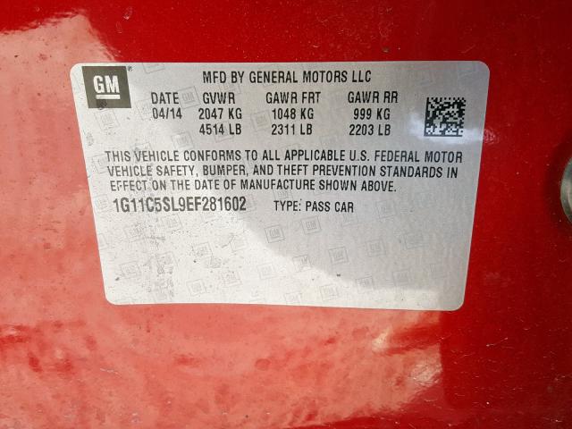 1G11C5SL9EF281602 - 2014 CHEVROLET MALIBU 1LT 红色 照片 10