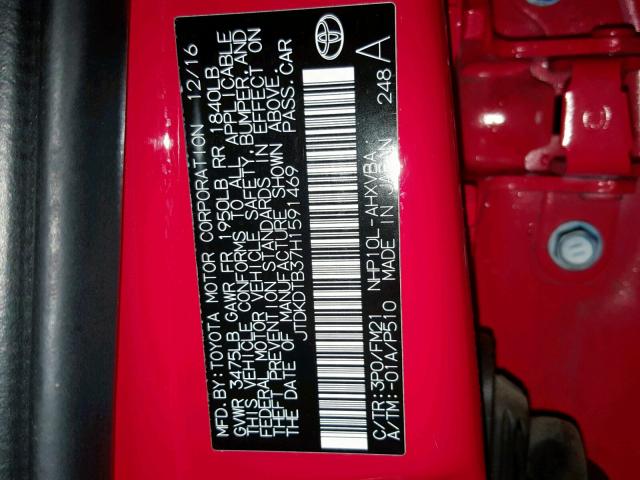 JTDKDTB37H1591469 - 2017 TOYOTA PRIUS C RED photo 10