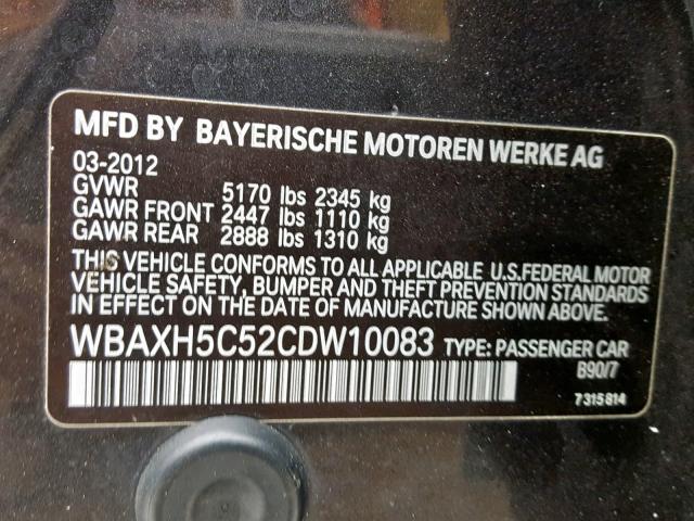 WBAXH5C52CDW10083 - 2012 BMW 528 XI BLACK photo 10