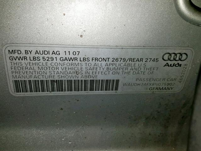 WAUDH74FX8N075902 - 2008 AUDI A6 3.2 QUA SILVER photo 10