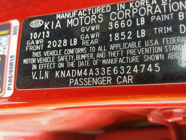 KNADM4A33E6324745 - 2014 KIA RIO LX RED photo 10