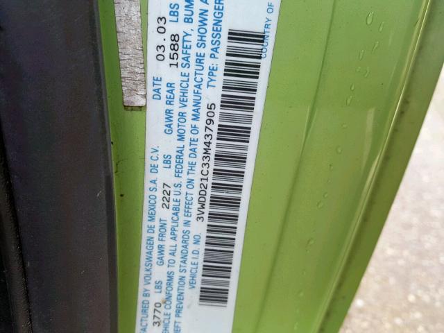 3VWDD21C33M437905 - 2003 VOLKSWAGEN NEW BEETLE Yaşıl foto 10