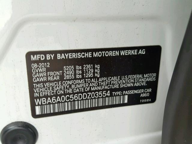 WBA6A0C56DDZ03554 - 2013 BMW 640 I WHITE photo 10