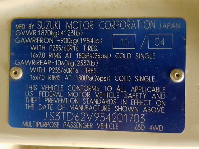 JS3TD62V954201703 - 2005 SUZUKI GRAND VITA WHITE photo 10