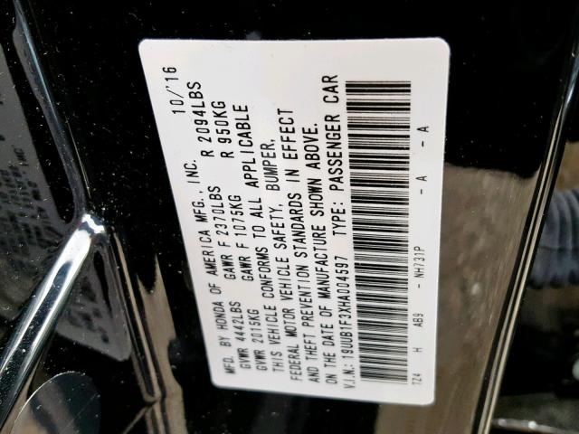 19UUB1F3XHA004597 - 2017 ACURA TLX BLACK photo 10