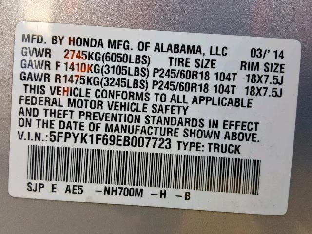 5FPYK1F69EB007723 - 2014 HONDA RIDGELINE SILVER photo 10