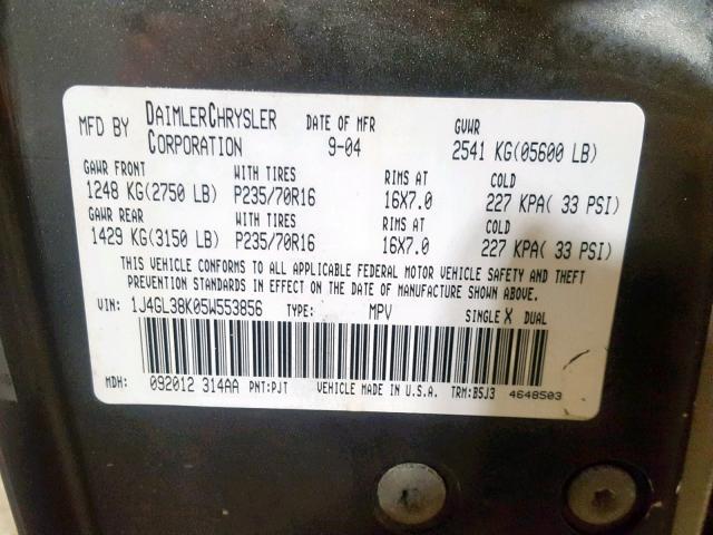 1J4GL38K05W553856 - 2005 JEEP LIBERTY RE GRAY photo 10