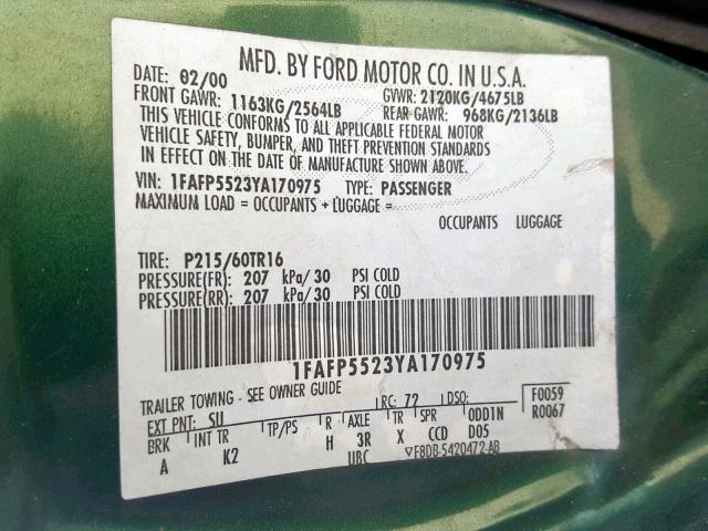 1FAFP5523YA170975 - 2000 FORD TAURUS SES GREEN photo 10