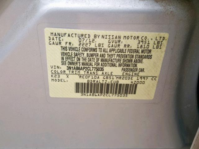 3N1AB6AP2CL775035 - 2012 NISSAN SENTRA 2.0 SILVER photo 10