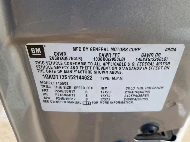 1GKDT13S152144622 - 2005 GMC ENVOY SILVER photo 10