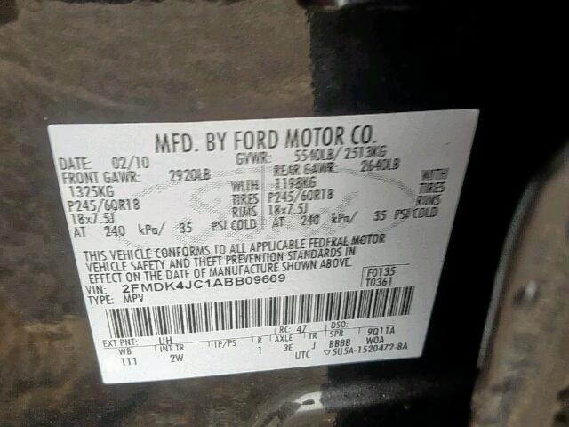 2FMDK4JC1ABB09669 - 2010 FORD EDGE SEL BLACK photo 10